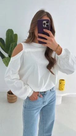 ALLIA WHITE CUT-OUT LONG SLEEVE SHIRT