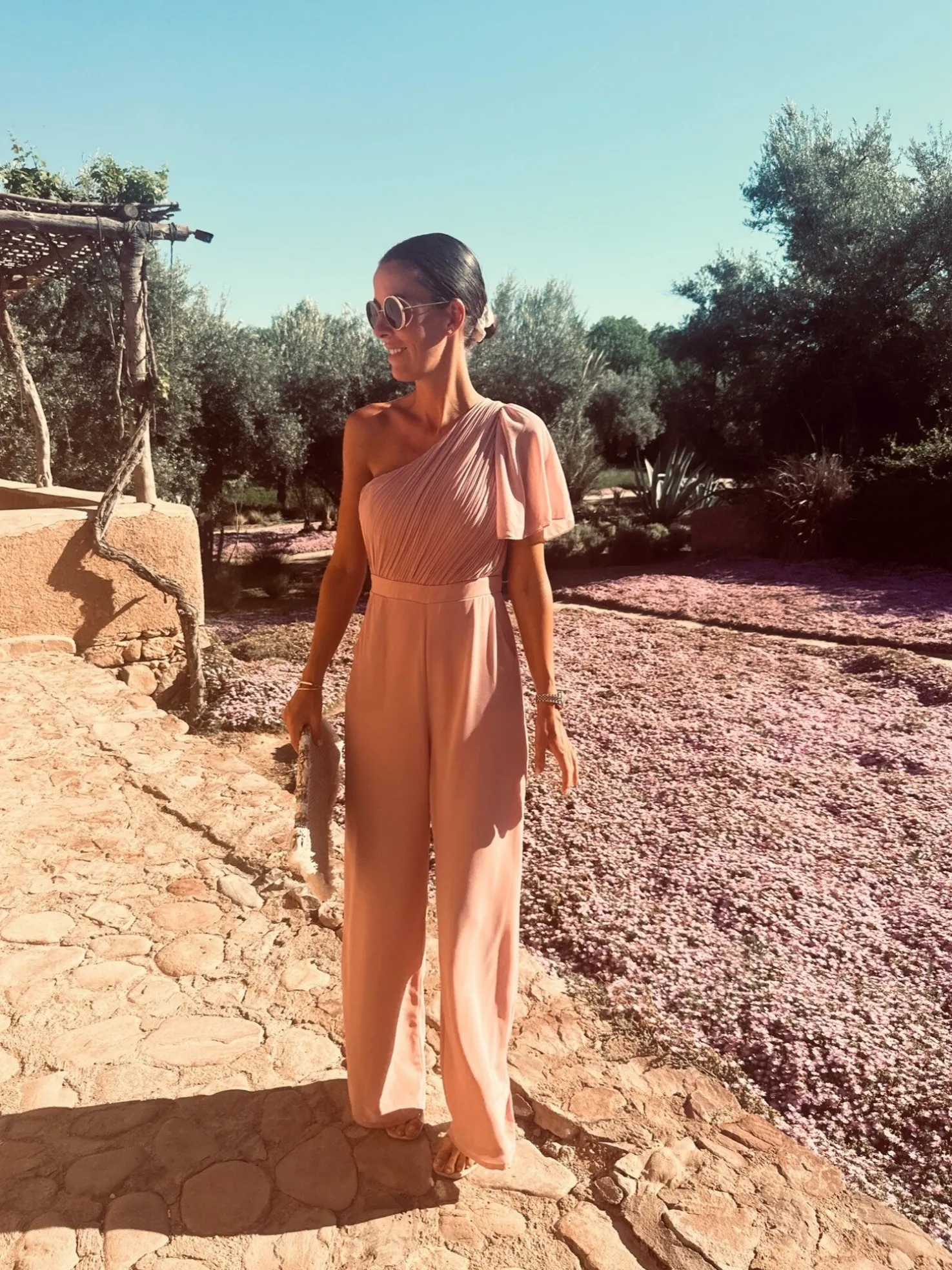 LATIFA OLD PINK FLOWY ONE SHOULDER JUMPSUIT
