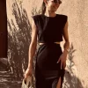 LAYALI BLACK LINEN CUT-OUT DRESS
