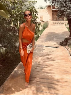 SIHAM RUST ORANGE CUT-OUT LINEN DRESS